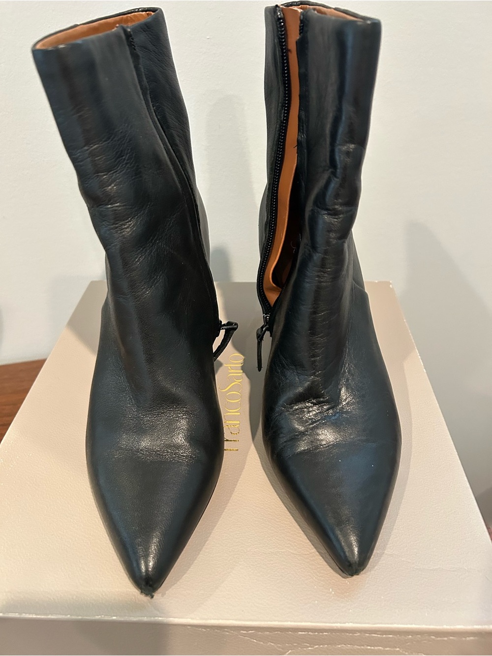 Franco Sarto Black Pointed-Toe Leather Ankle Boots